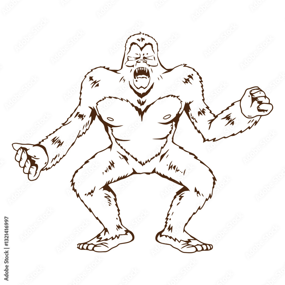 Obraz premium Enraged Mythical Beast: A dynamic monochrome illustration captures the fury of a legendary creature in mid-roar, its stance embodying untamed power and primal emotion.