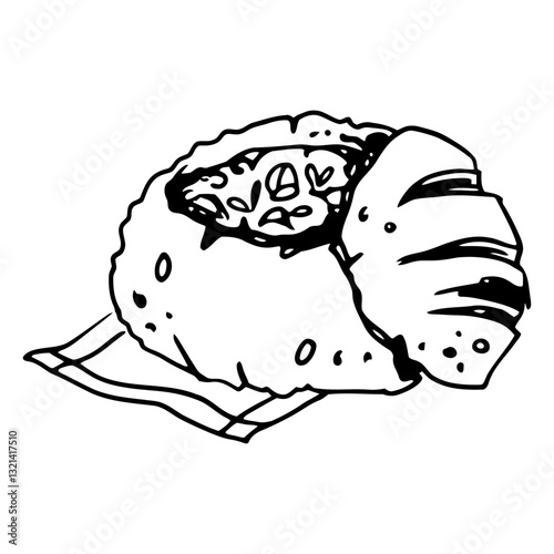 Artisanal Food Delight: A hand-drawn image of a delectable, freshly baked bread roll, generously filled with flavorful ingredients, exuding an aroma. A testament to culinary artistry.