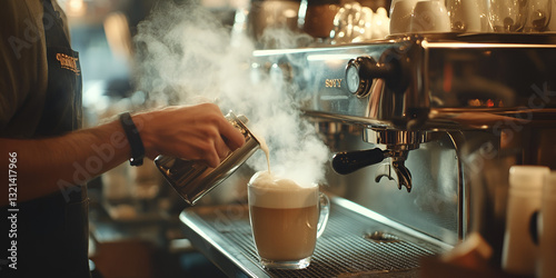 A barista expertly pouring steamed milk into a cup of coffee, showcasing the artistry of coffee-making in a café environment.