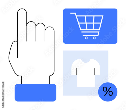 Hand pointing towards icons, including a shopping cart, T-shirt, and percentage sign. Ideal for e-commerce, online shopping, retail, consumer behavior discounts user interaction marketing. Flat