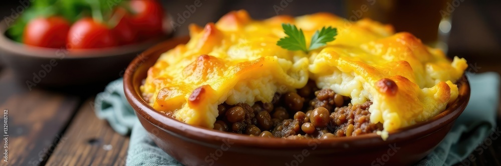 Ground beef and mashed potatoes in a shallow baking dish, shepherd's pie, chunky Ground beef and mashed potatoes in a shallow baking dish, shepherd's pie, chunky