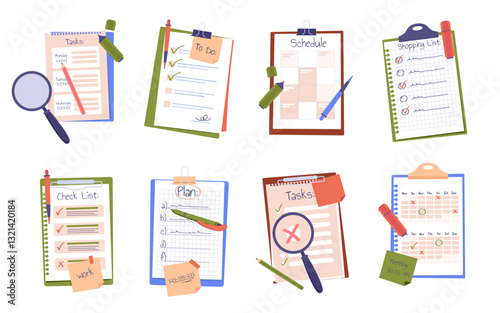 Clipboard with shopping to-do list, schedule, checklist, plan, tasks and calendar paper sheets set