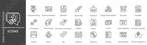 communication strategies icon set. with icon conference, People Communication, group talk, strategies, Conversation, telemarketing, technical communication, strategic, finance, money, online marketing