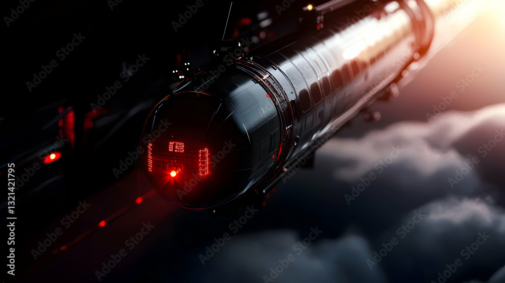 A futuristic spacecraft is ascending through clouds in the atmosphere A futuristic spacecraft is ascending through clouds in the atmosphere