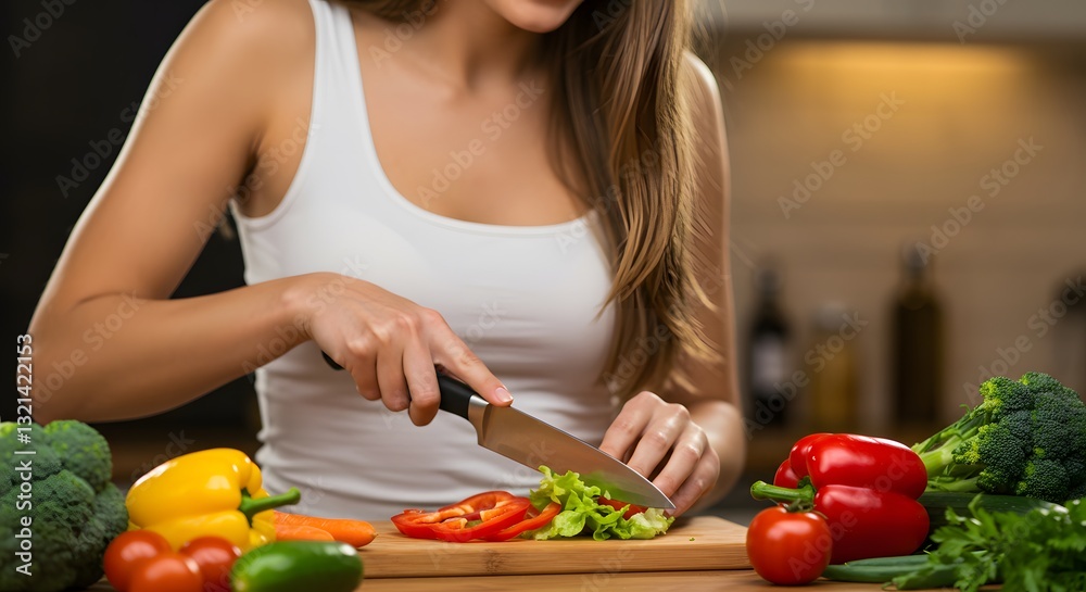 Healthy Woman Cutting Vegetables in Kitchen for Vegan Salad - Cooking Healthy Food at Home Healthy Woman Cutting Vegetables in Kitchen for Vegan Salad - Cooking Healthy Food at Home