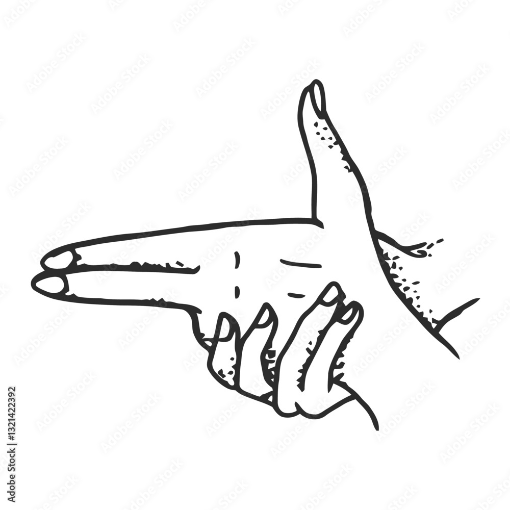 Obraz premium Hand Gesture Gun Sign: An illustrative artistic depiction of a hand forming the shape of a handgun, a gesture known globally, symbolizing action and intent.