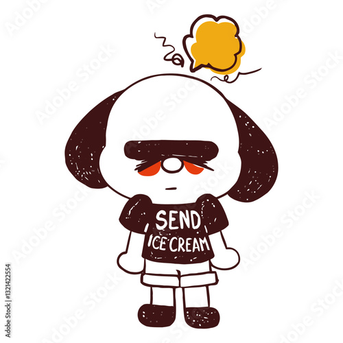Yearning for a Treat: This charming illustrated dog, adorned in a t-shirt that pleads for ice cream, expresses a simple desire with its expressive face and thought bubble.
