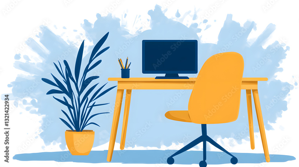 Fototapeta premium A modern workspace featuring a computer, an ergonomic chair, and a potted plant against a blue background