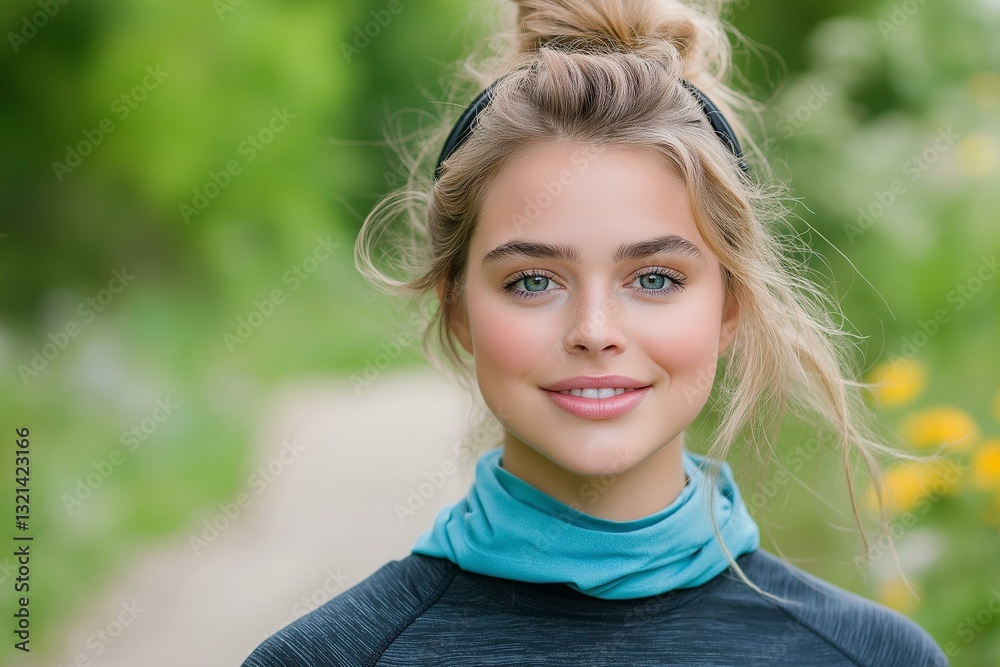 A young woman smiling outdoors, surrounded by nature and greenery. A young woman smiling outdoors, surrounded by nature and greenery.