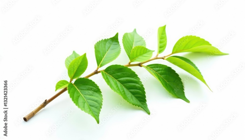 Single branch with a few leaves on a white background, isolated, greenery Single branch with a few leaves on a white background, isolated, greenery