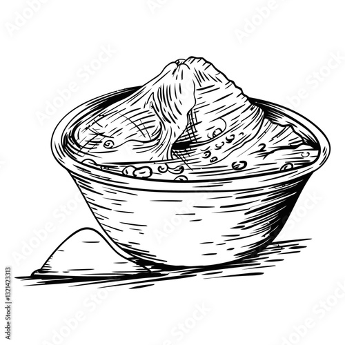 Artisan Hummus Delight: A meticulously detailed drawing of hummus artfully presented in a rustic bowl, a small mound of chickpeas by the side. Perfect for culinary projects or artistic designs.