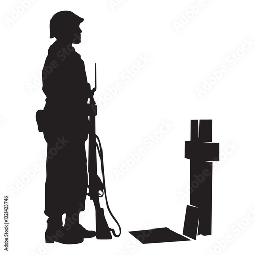 Solemn Sentinel: A silhouetted soldier stands guard, a poignant figure beside a war memorial, evoking reverence and remembrance.