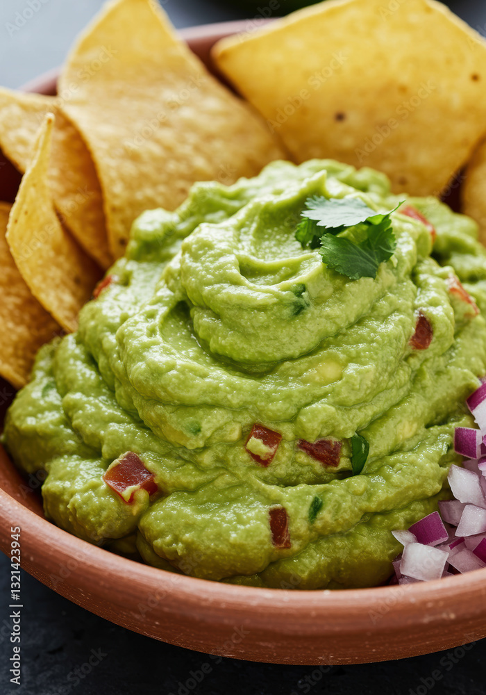 A creamy bowl of fresh guacamole served with crispy tortilla chips, topped with cilantro.