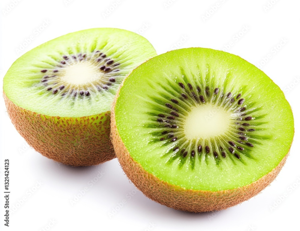Fresh kiwi fruit halves. Two halves of a green kiwi fruit, with a creamy, pale yellow interior and small, dark brown seeds. Close-up view on a white background Fresh kiwi fruit halves. Two halves of a green kiwi fruit, with a creamy, pale yellow interior and small, dark brown seeds. Close-up view on a white background