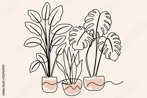 Continues One line drawing of elegant plants in a vase vector illustrator
