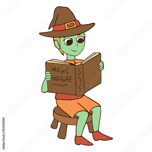 Young Witch Reading Magic Book: A charming illustration features a young witch engrossed in a mysterious book. The scene captures the essence of magic, knowledge, and the whimsical world of fantasy. 