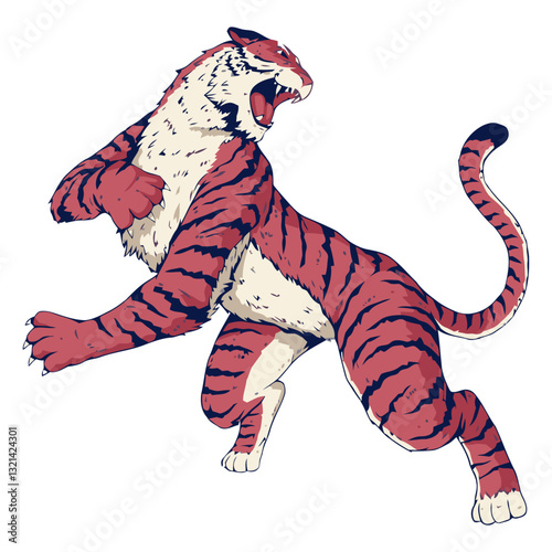 Roaring Red Tiger: A stylized illustration of a fierce tiger, its vibrant red and black stripes contrasting with a neutral background, embodies power and dynamic action.