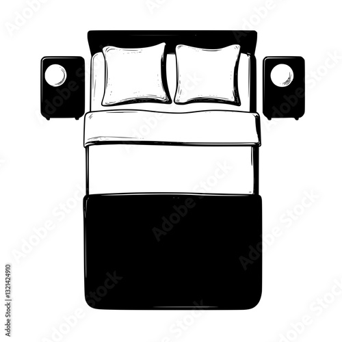 Top view of Queen size bed, household object, vector graphic