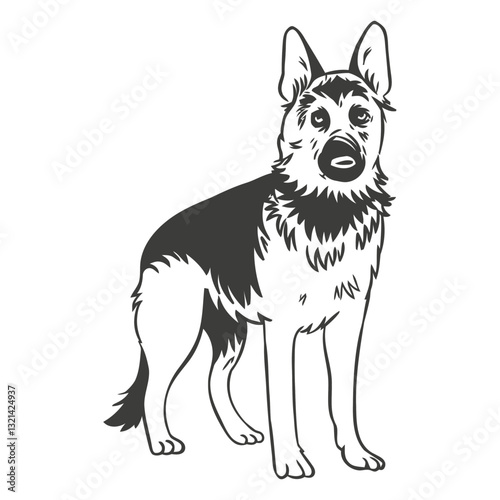 Loyal Shepherd: A strong and vigilant german shepherd stands proudly, showcasing its iconic features and attentive gaze, rendered in a clean, monochrome style.