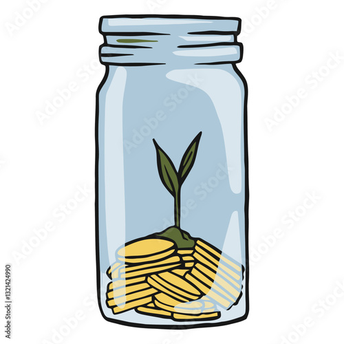 Financial Growth in the Jar: A metaphor of financial growth with sprout growing over pile of gold coins inside a jar. It's representing investment and accumulation of wealth.