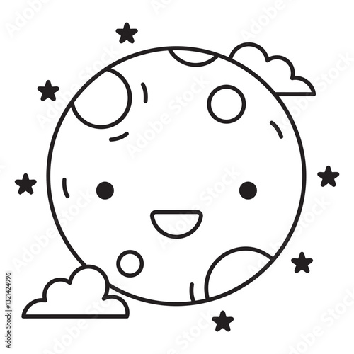 Smiling moon and stars: A whimsical illustration of a smiling moon surrounded by twinkling stars and fluffy clouds, a cute and cheerful graphic design element.