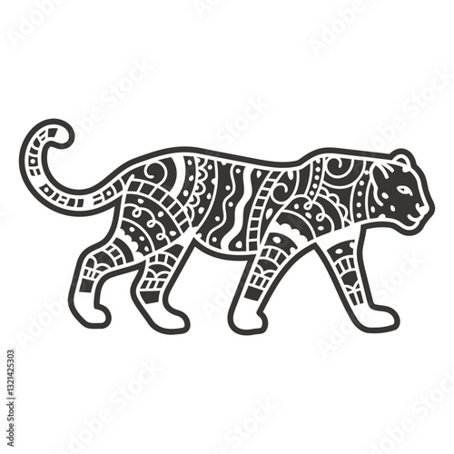 Intricate Tiger Pattern: A detailed illustration of a walking tiger adorned with intricate patterns, a captivating display of design and animal artistry.