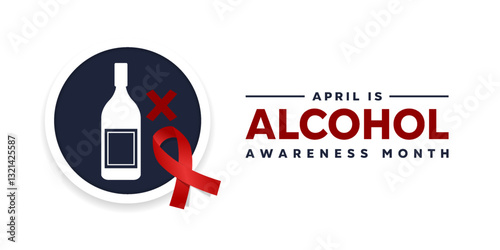 April Is Alcohol Awareness Month. Alcohol and red ribbon. Great for cards, banners, posters, social media and more. White background.