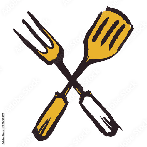 Culinary Harmony: A graphic depiction of a fork and spatula crossed, symbolizing cooking, culinary arts, food preparation, and dining.