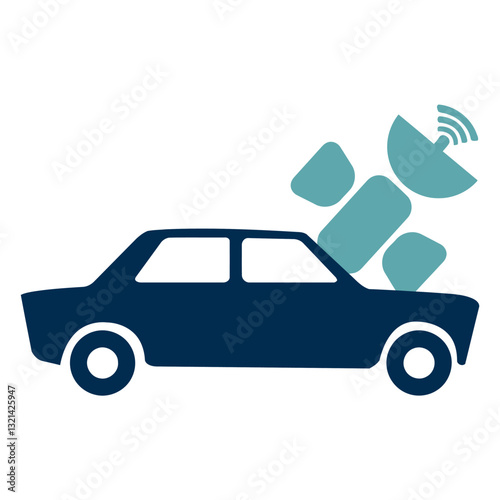 Vehicle with a Modern Communication System: A sleek, contemporary car silhouette paired with a satellite dish, subtly hinting at modern communication and location technology integration.