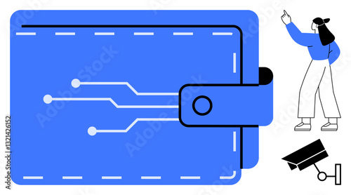 Electronic wallet with circuit lines, a standing woman pointing upward, and a surveillance camera. Ideal for finance, technology, security, innovation, privacy fintech digital transformation. Flat