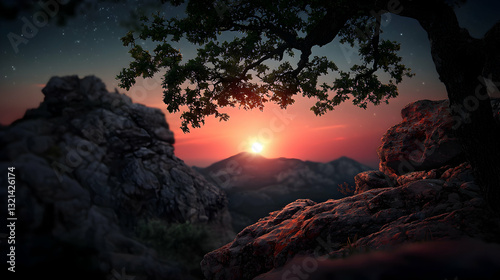 A beautiful sunset over mountains viewed from rocky cliffs and a tree