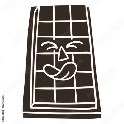 Chocolate Bar: A cartoon image of a delightful chocolate bar with a smiley face, a lick and a grid pattern.