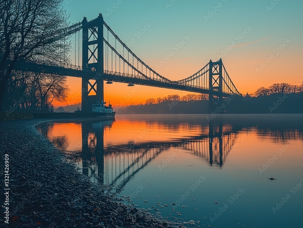 Fototapeta premium Sunrise over a river with a bridge