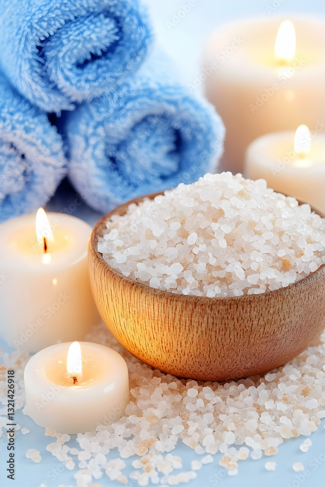Spa setting with candles bath salts and towels Spa setting with candles bath salts and towels