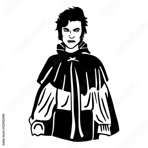 Vampire Figure: A detailed illustration showcasing a vampire, captured in a haunting, monochrome style, exudes an air of mystery and gothic allure.