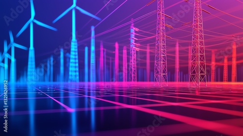 Wind Turbines and Power Lines Digital Grid Illustration in Neon Colors