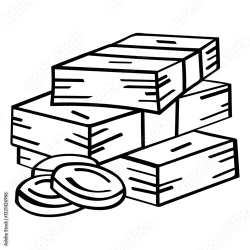 Stack of Hay Bales and Carrot Slices: A hand-drawn illustration of neatly stacked hay bales, alongside several slices of fresh carrots. Perfect for farm-related themes.