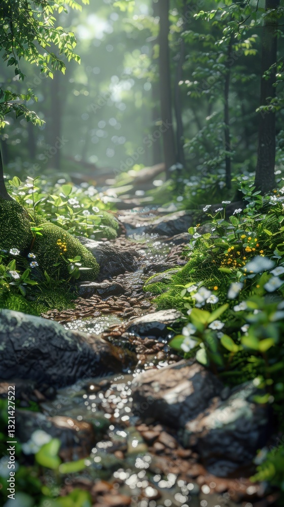 Sunny forest path with flowing creek, wildflowers, and soft light Sunny forest path with flowing creek, wildflowers, and soft light