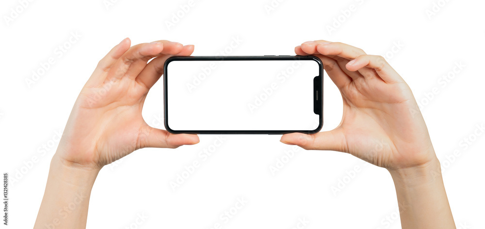 Hand holding the black smartphone with blank screen on white background, Clipping path. Hand holding the black smartphone with blank screen on white background, Clipping path.