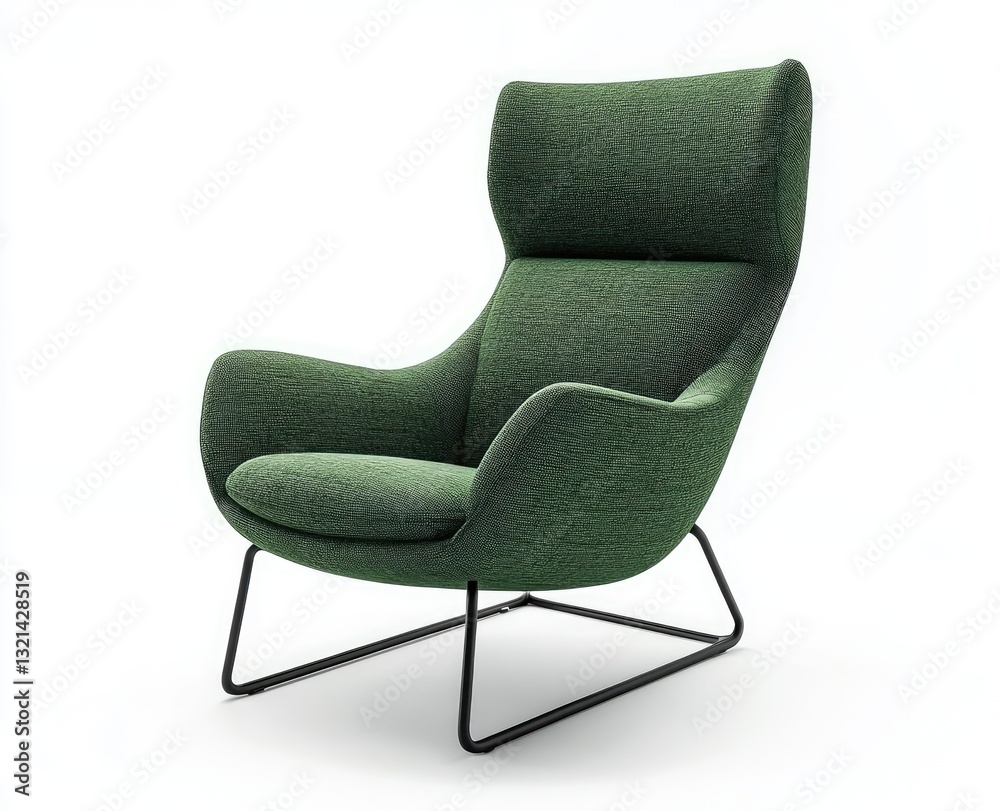 Naklejka premium Modern, upholstered lounge chair. Dark green fabric, sleek black metal frame. Comfortable, contemporary design