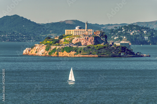 A view in the late afternoon towards the Alcatraz island from the cruise terminal in San Francisco in early springtime