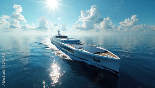 A modern solar powered ship sailing on calm ocean under blue sky with white clouds. Sunlight reflects off sea surface. Eco energy boat concept represents clean, sustainable future tech. photo