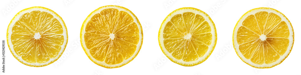 Close up of fresh juicy sliced lemon citrus fruit arranged on a plain white background The vibrant yellow color and tangy aroma of the lemon slices create a healthy food and beverage concept Close up of fresh juicy sliced lemon citrus fruit arranged on a plain white background The vibrant yellow color and tangy aroma of the lemon slices create a healthy food and beverage concept