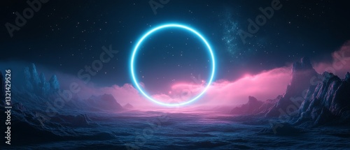 A glowing circle in the sky above a rocky landscape