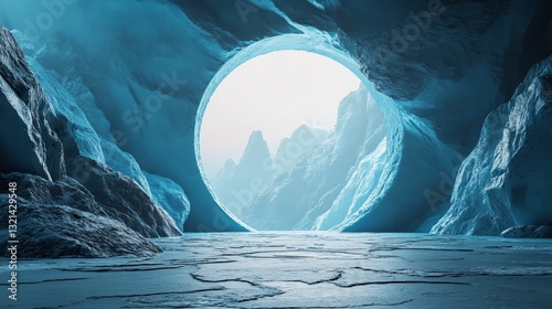 A blue and white image of a large, circular opening in a rocky landscape