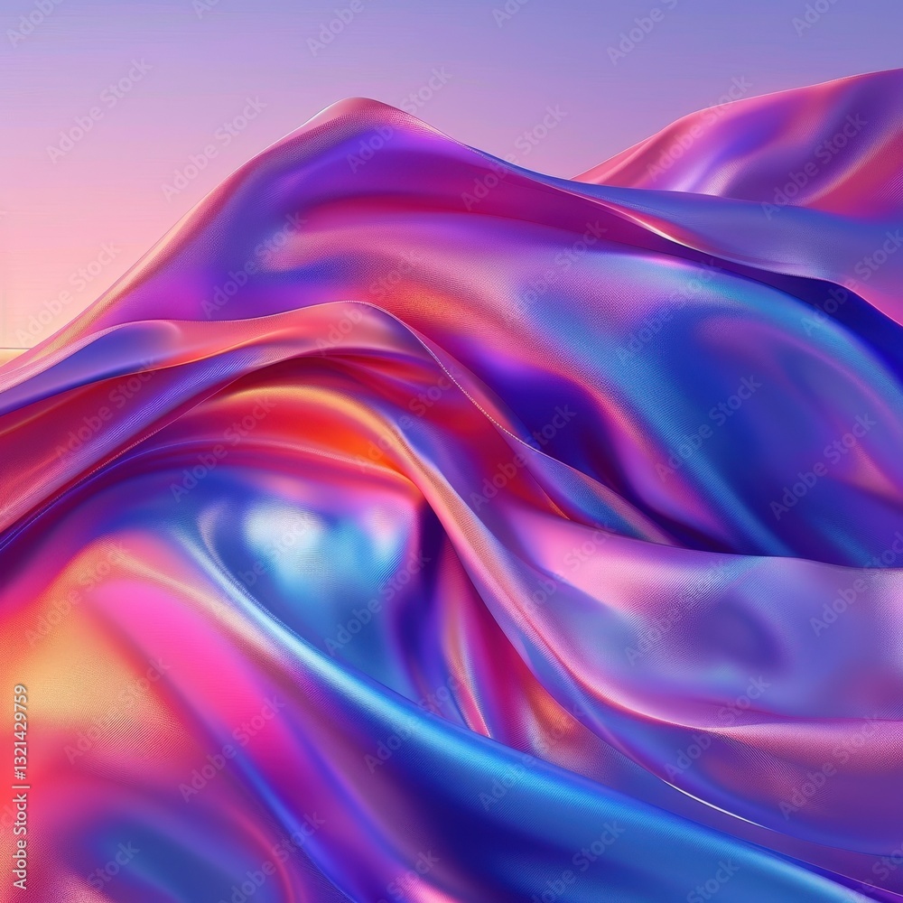 Fototapeta premium Iridescent silk fabric flowing, sunset background, abstract art, website design