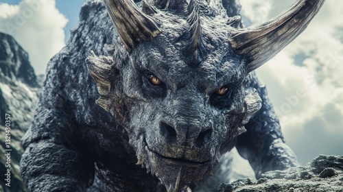 A large, menacing dragon with a menacing look on its face