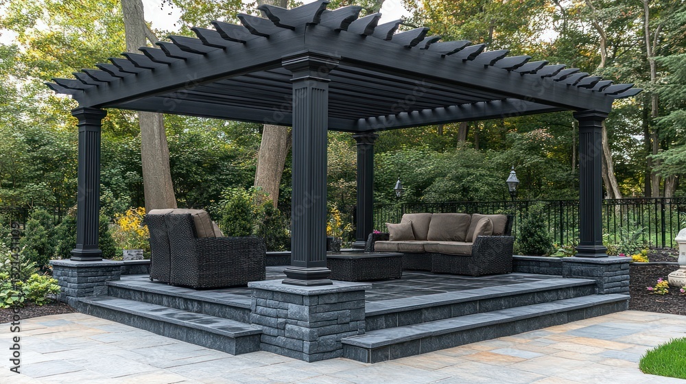 Backyard black pergola patio seating area landscaping Backyard black pergola patio seating area landscaping