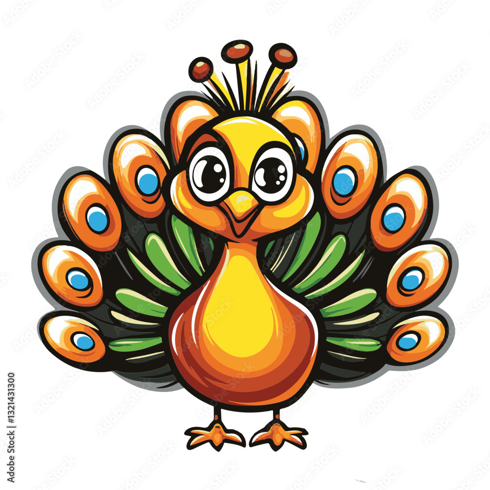Fototapeta premium Cartoon Peacock with Colorful Feathers Displayed
