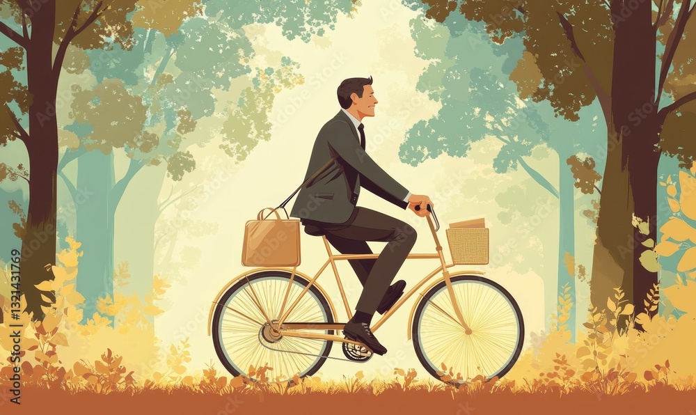 Obraz premium Man rides bicycle through vibrant autumn forest.